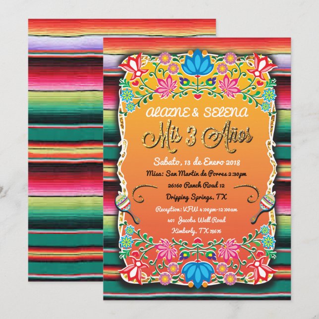 Mexikansk mis 3 Anos Party Guld Glitter Inbjudningar (Fram/baksida)