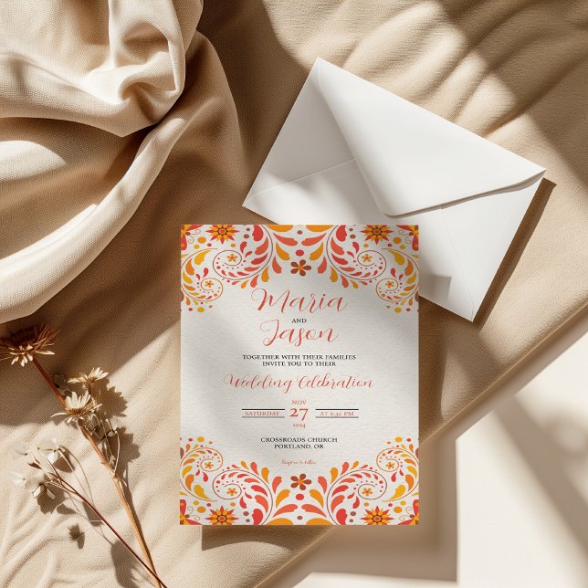 Mexikansk Orange Red Gult Butterfly Blommigt Bröll Inbjudningar (Mexican Orange Red Yellow Butterfly Floral Wedding Invitation)