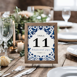 Mexikansk Otomi Blå Blommig Elegant Fiesta Bröllop Bordsnummer