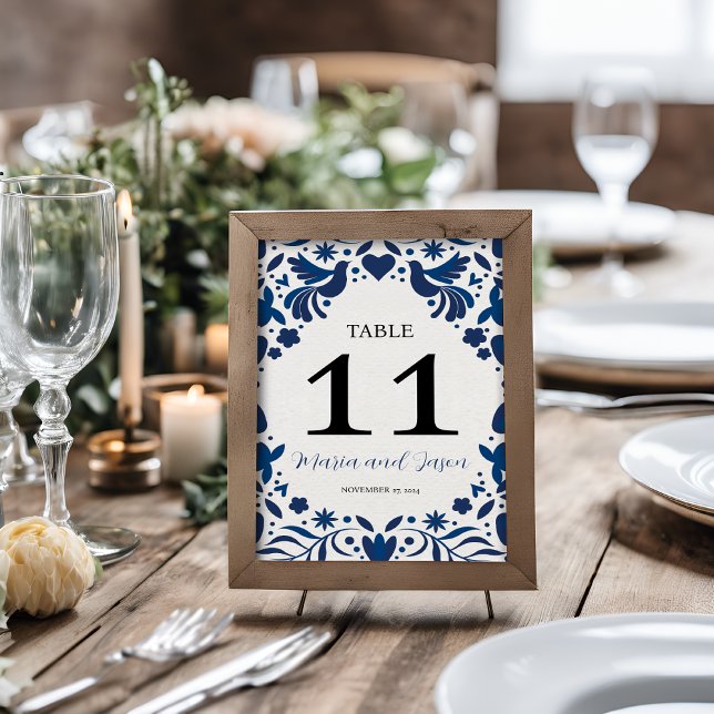 Mexikansk Otomi Blå Blommig Elegant Fiesta Bröllop Bordsnummer (Mexican Otomi Blue Floral Elegant Fiesta Wedding Table Number)