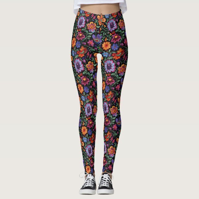 Mexikansk Otomi-folkkonst Blommig Färgrik Leggings (Framsida)