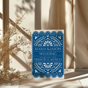 Mexikansk papel Picado Blue Folk Art Boda Bröllop Inbjudningar