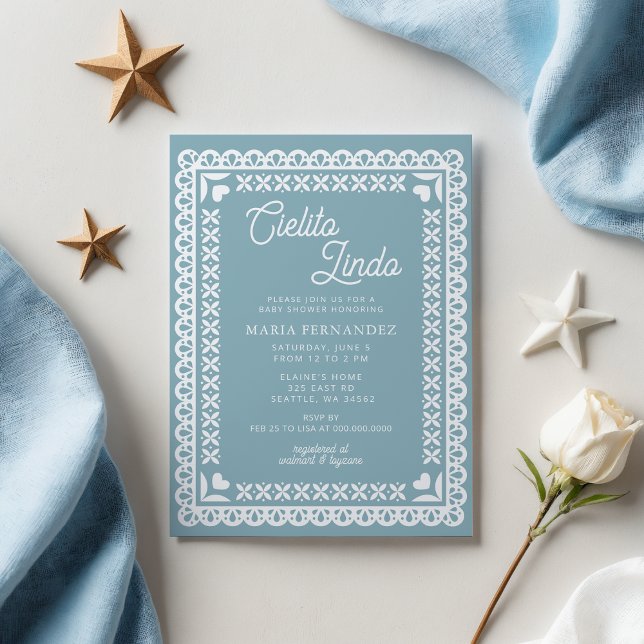 Mexikansk papel Picado Cielito Lindo Baby Shower Inbjudningar (Blue Mexican Papel Picado Cielito Lindo Baby Shower Invitation)