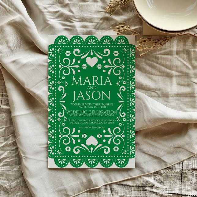 Mexikansk papel Picado Grönt White Folk Art Bröllo Inbjudningar (Mexican Papel Picado Green White Folk Art Wedding Invitation)