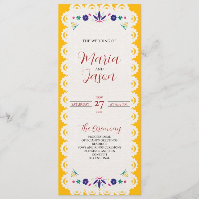 Mexikansk papel Picado Gult Nuestra Boda Bröllop Program (Framsida)