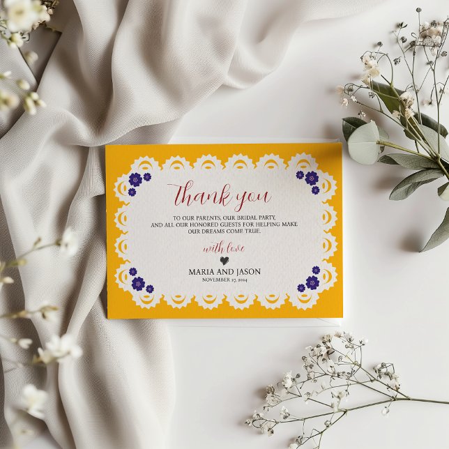 Mexikansk papel Picado Gult Nuestra Boda Bröllop Tack Kort (Mexican Papel Picado Yellow Nuestra Boda Wedding Thank You Card)