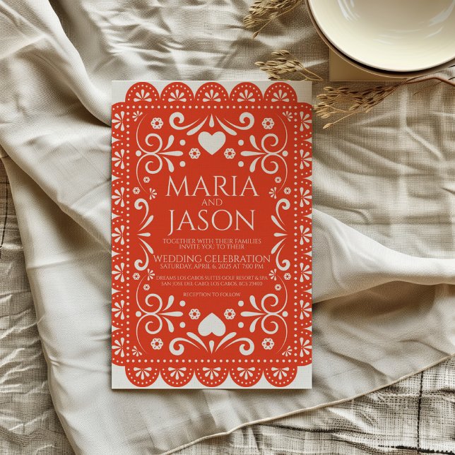 Mexikansk Papel Picado Orange Vit Folk Art Bröllop Inbjudningar (Mexican Papel Picado Orange White Folk Art Wedding Invitation)