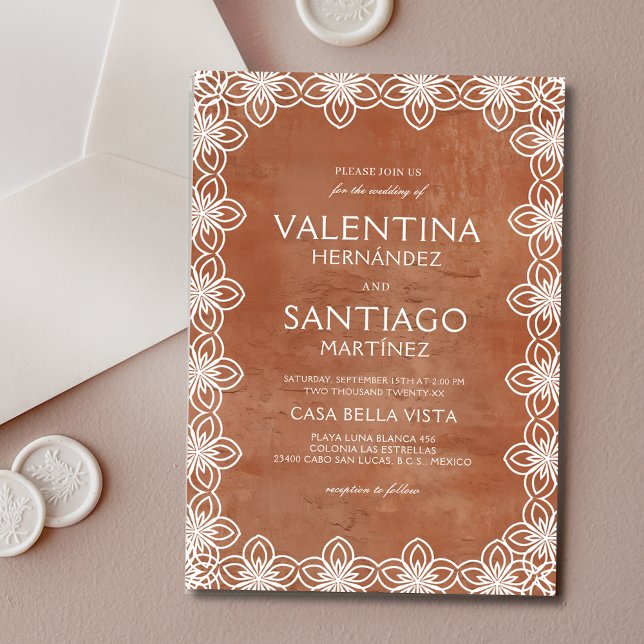 Mexikansk papel Picado Terracotta White Boho Bröll Inbjudningar (Skapare uppladdad)