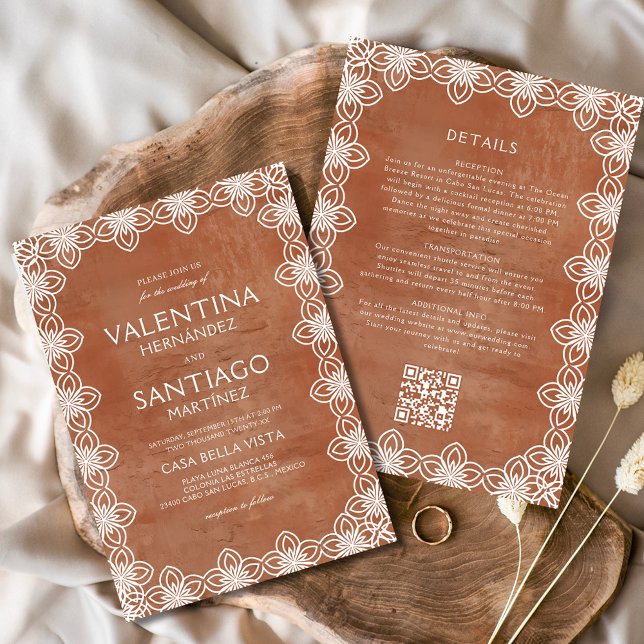Mexikansk papel Picado Terracotta White Boho Bröll Inbjudningar (Skapare uppladdad)
