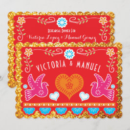 Mexikansk repetitionsmiddag Papel Picado Guld Glit Inbjudningar