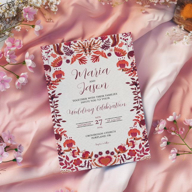 Mexikansk röd burgunderros blomster botanisk bröll inbjudningar (Mexican Red Burgundy Rose Floral Botanical Wedding Invitation)
