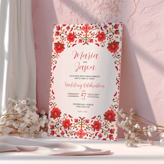 Mexikansk röd Rosa Blommigt Aesthetic Romantic Brö Inbjudningar (Mexican Red Pink Floral Aesthetic Romantic Wedding Invitation)
