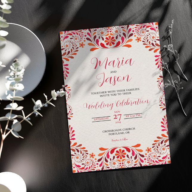 Mexikansk röd rosa blomster botanisk romantisk brö inbjudningar (Mexican Red Pink Floral Botanical Romantic Wedding Invitation)