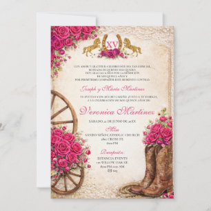 Mexikansk Rosa Blommig Flicka Quinceañera Western Inbjudningar
