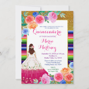 Mexikansk Rosa Girl Girl Guld Quinceañera Birthday Inbjudningar