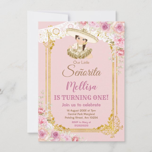 Mexikansk  Rosa och Guld Girl Fiesta Birthday Inbjudningar (Framsida)