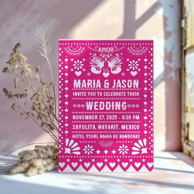 Mexikansk Rosa Papel Picado Fiesta Folk Art Bröllo Inbjudningar (Mexican Pink Papel Picado Fiesta Folk Art Wedding Invitation)