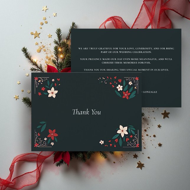 Mexikansk Rustik Elegant Jul Röd Bröllop Tack Kort (mexican wedding thank you card christmas theme floral botanical frame poinsettias red white black)