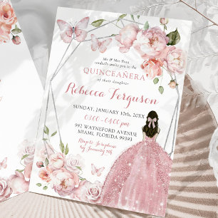 Mexikansk Silver Rosa Blommigt Princess Quinceañer Inbjudningar