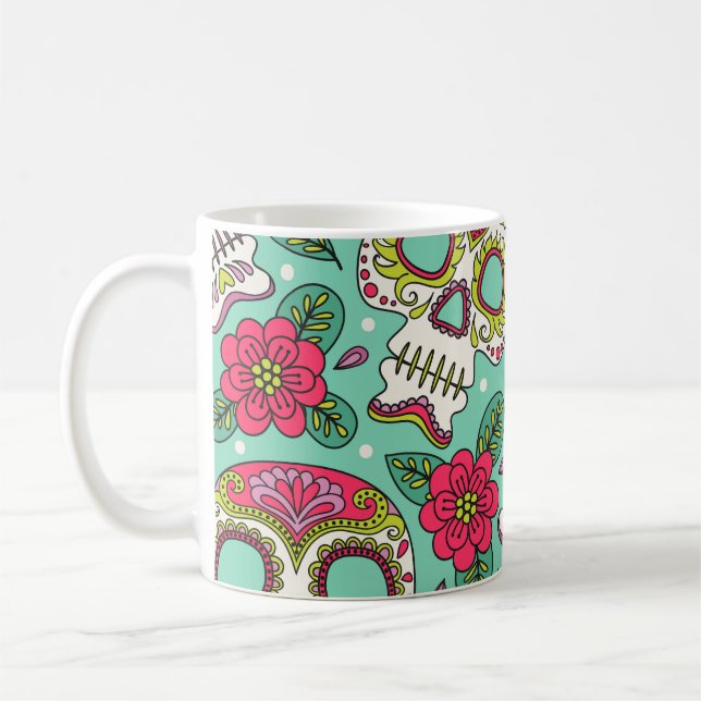 Mexikansk skalle och blommor, sömlös. kaffemugg (Vänster)