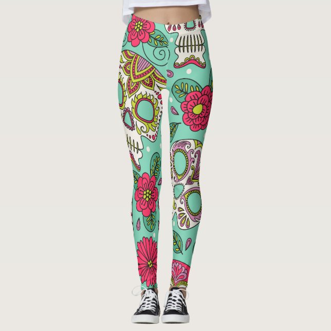 Mexikansk skalle och blommor, sömlös. leggings (Framsida)