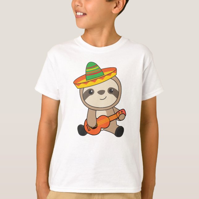 Mexikansk Sloth Sombrero Ukulele Cinco de mayo T Shirt (Framsida)