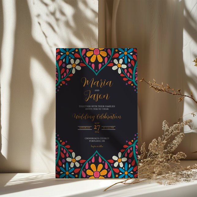 Mexikansk svart Blommigt Färgblommor Boda Bröllop Inbjudningar (Mexican Black Floral Colorful Flowers Boda Wedding Invitation)