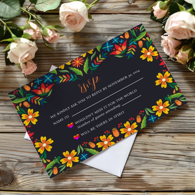 Mexikansk svart Blommigt Färgfull botaniska Bröllo OSA Kort (Mexican Black Floral Colorful Botanical Wedding RSVP Card)