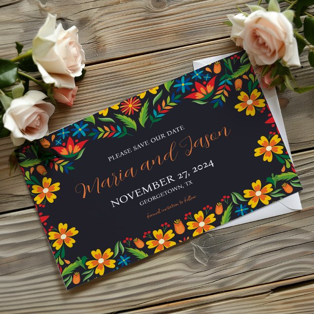 Mexikansk svart Blommigt Färgfull botaniska Bröllo Spara Datumet (Mexican Black Floral Colorful Botanical Wedding Save The Date)