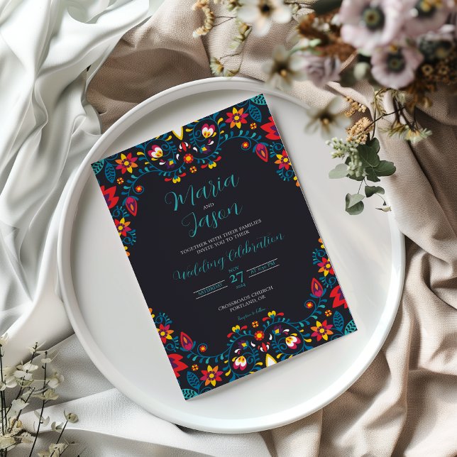 Mexikansk svart Blommigt Färgfull Elegant Boda Brö Inbjudningar (Mexican Black Floral Colorful Elegant Boda Wedding Invitation)