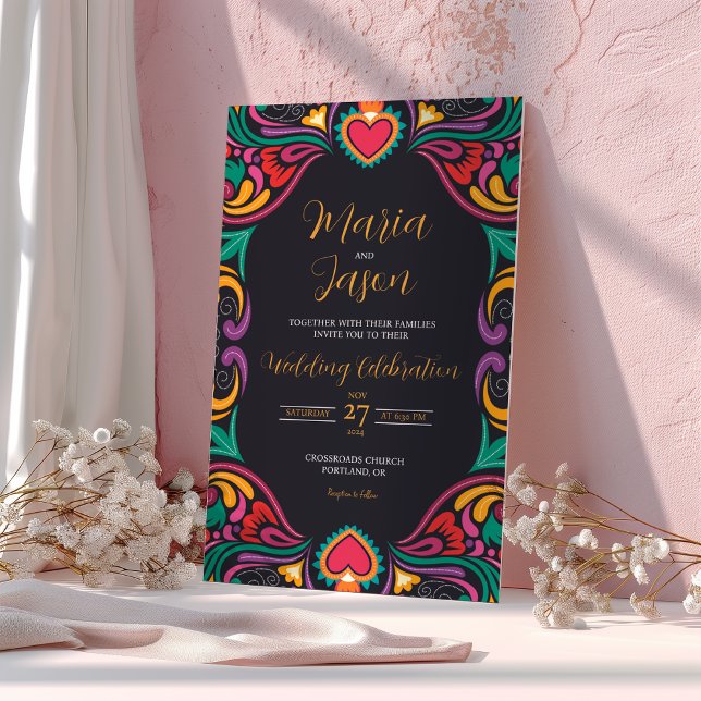 Mexikansk svart Blommigt, färgstark Fiesta Boda Br Inbjudningar (Mexican Black Floral Colorful Fiesta Boda Wedding Invitation)