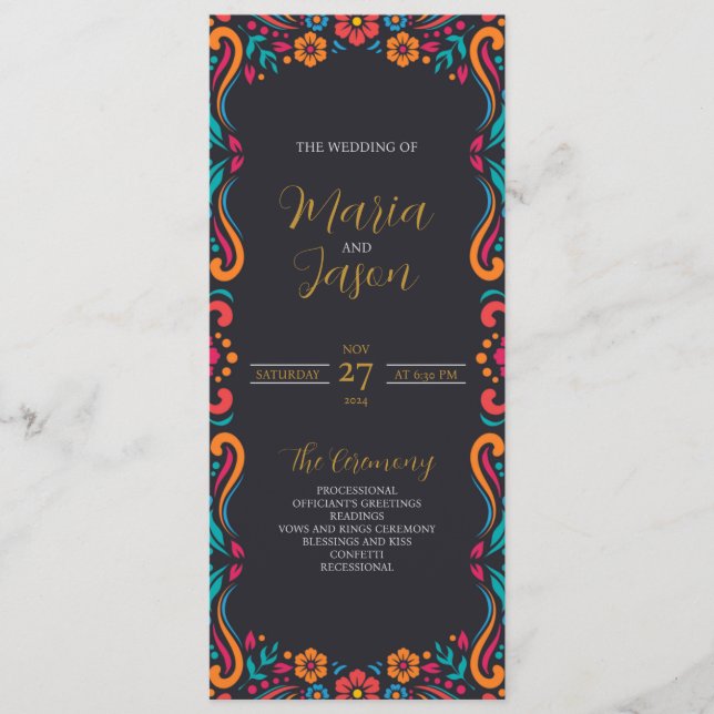 Mexikansk svart Blommigt Traditional Folk Art Bröl Program (Framsida)