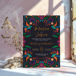 Mexikansk svart färgstark Blommigt Nuestra Boda Br Inbjudningar
