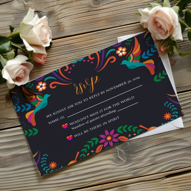 Mexikansk svart färgstark Blommigt Nuestra Boda Br OSA Kort (Mexican Black Colorful Floral Nuestra Boda Wedding RSVP Card)