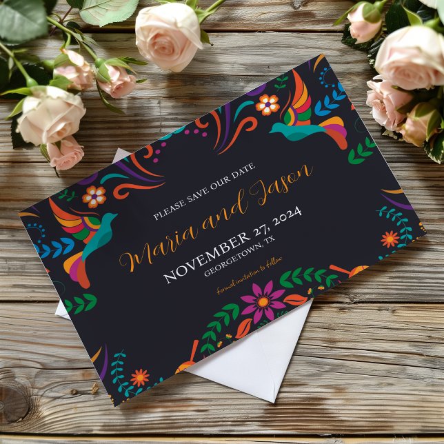 Mexikansk svart färgstark Blommigt Nuestra Boda Br Spara Datumet (Mexican Black Colorful Floral Nuestra Boda Wedding Save The Date)