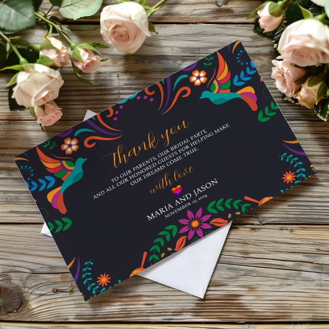 Mexikansk svart färgstark Blommigt Nuestra Boda Br Tack Kort (Mexican Black Colorful Floral Nuestra Boda Wedding Thank You Card)