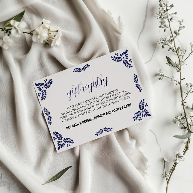 Mexikansk Talavera Blå Blommig Minimalistisk Bröll Tilläggskort (Mexican Talavera Blue Floral Minimalist Wedding Enclosure Card)