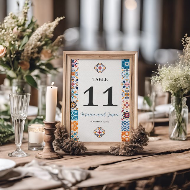 Mexikansk talavera Colorful Blommigt Fiesta Bröllo Bordsnummer (Mexican Talavera Colorful Floral Fiesta Wedding Table Number)
