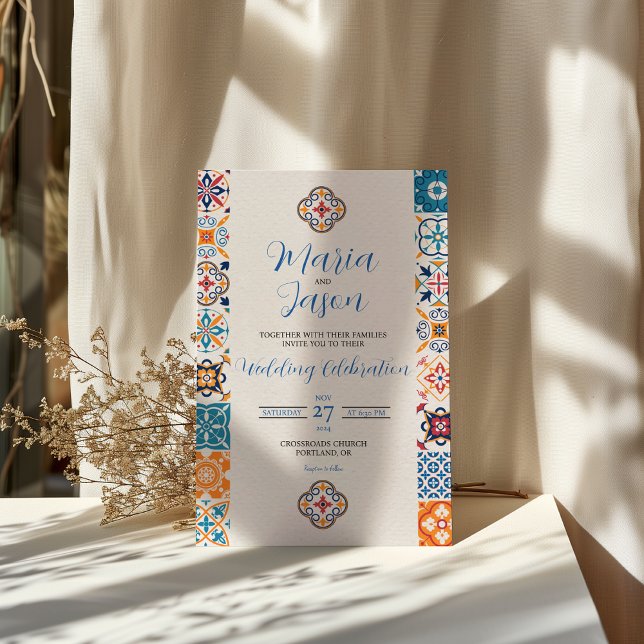 Mexikansk talavera Colorful Blommigt Fiesta Bröllo Inbjudningar (Mexican Talavera Colorful Floral Fiesta Wedding Invitation)
