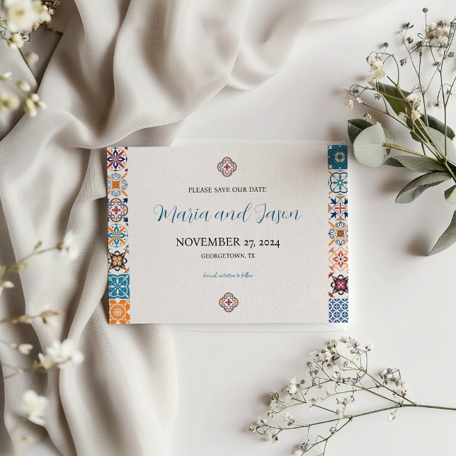 Mexikansk talavera Colorful Blommigt Fiesta Bröllo Spara Datumet (Mexican Talavera Colorful Floral Fiesta Wedding Save The Date)