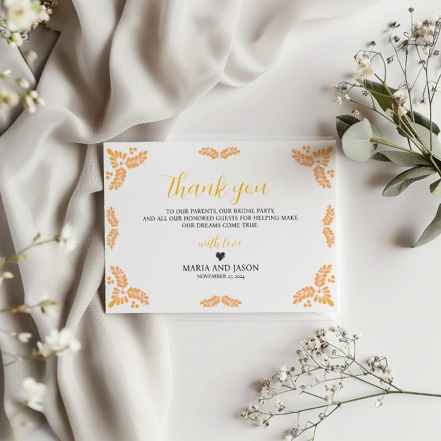 Mexikansk Talavera Gul Blommig Minimalistisk Bröll Tack Kort (Mexican Talavera Yellow Floral Minimalist Wedding Thank You Card)