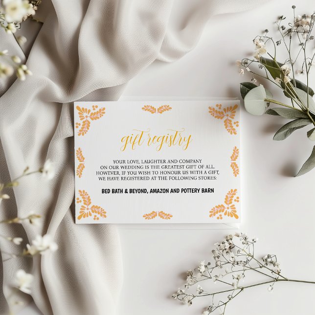 Mexikansk Talavera Gul Blommig Minimalistisk Bröll Tilläggskort (Mexican Talavera Yellow Floral Minimalist Wedding Enclosure Card)