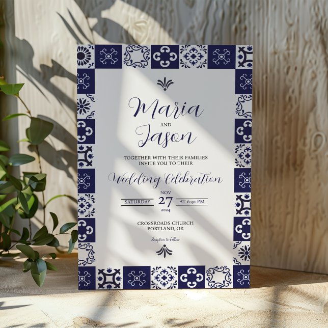 Mexikansk Talavera Majolica Marinblå Vit Bröllops- Inbjudningar (Mexican Talavera Majolica Navy Blue White Wedding Invitation)
