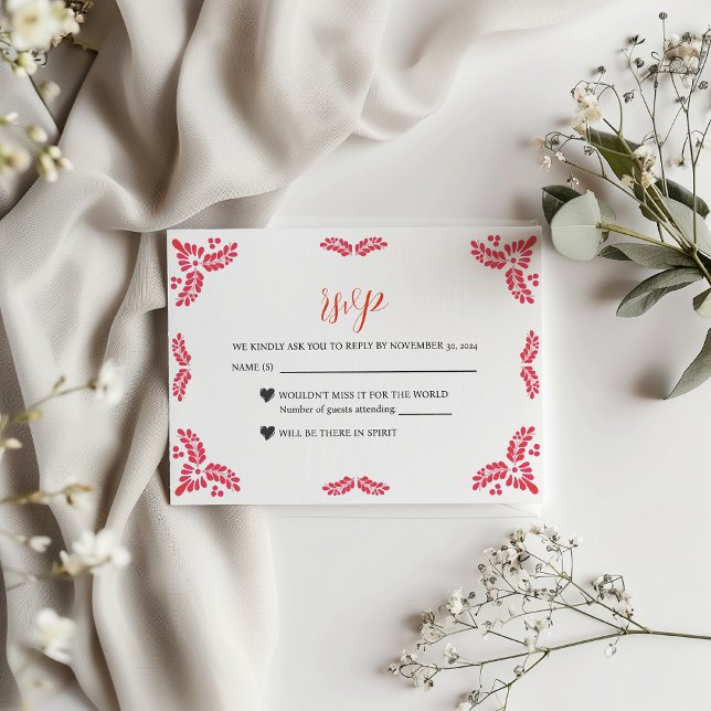 Mexikansk Talavera Orange Blommig Minimalistisk Br OSA Kort (Mexican Talavera Orange Floral Minimalist Wedding RSVP Card)