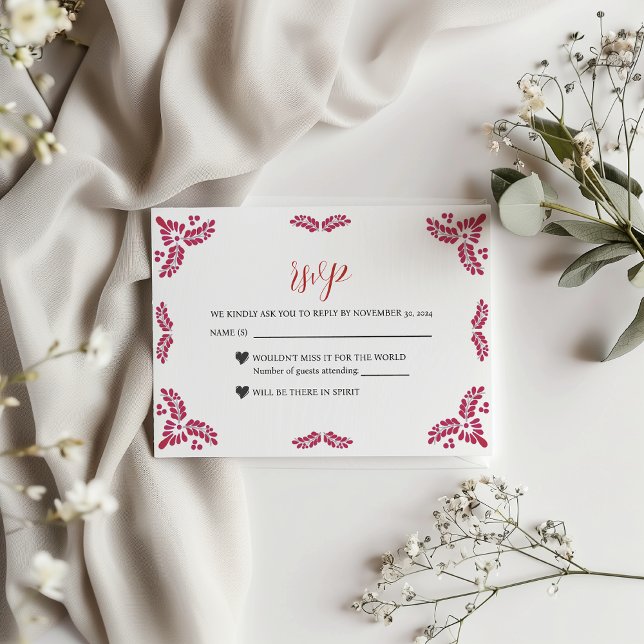 Mexikansk Talavera Röd Blommig Minimalistisk Bröll OSA Kort (Mexican Talavera Red Floral Minimalist Wedding RSVP Card)