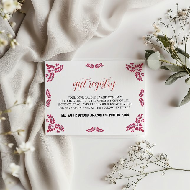 Mexikansk Talavera Röd Blommig Minimalistisk Bröll Tilläggskort (Mexican Talavera Red Floral Minimalist Wedding Enclosure Card)