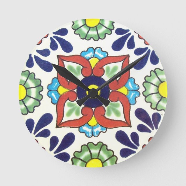 Mexikansk talavera (röd, grönt, gult, blå) rund klocka (Framsida)