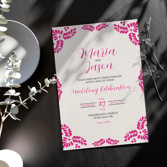 Mexikansk Talavera Rosa Blommig Minimalistisk Bröl Inbjudningar (Mexican Talavera Pink Floral Minimalist Wedding Invitation)