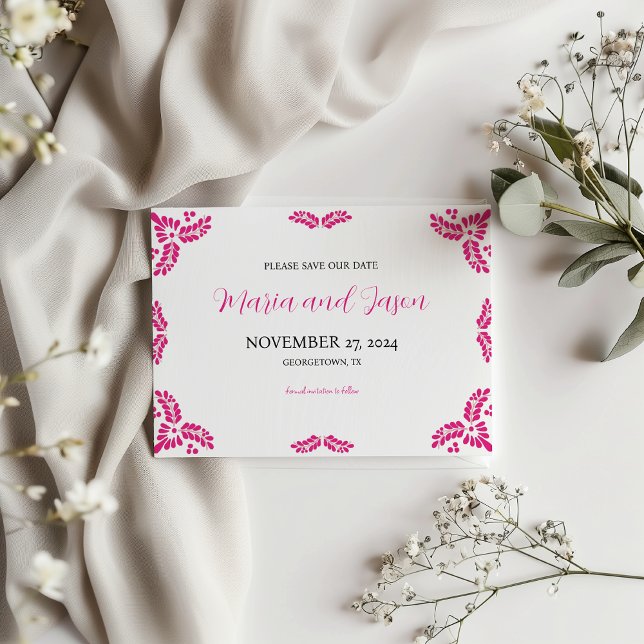 Mexikansk Talavera Rosa Blommig Minimalistisk Bröl Spara Datumet (Mexican Talavera Pink Floral Minimalist Wedding Save The Date)