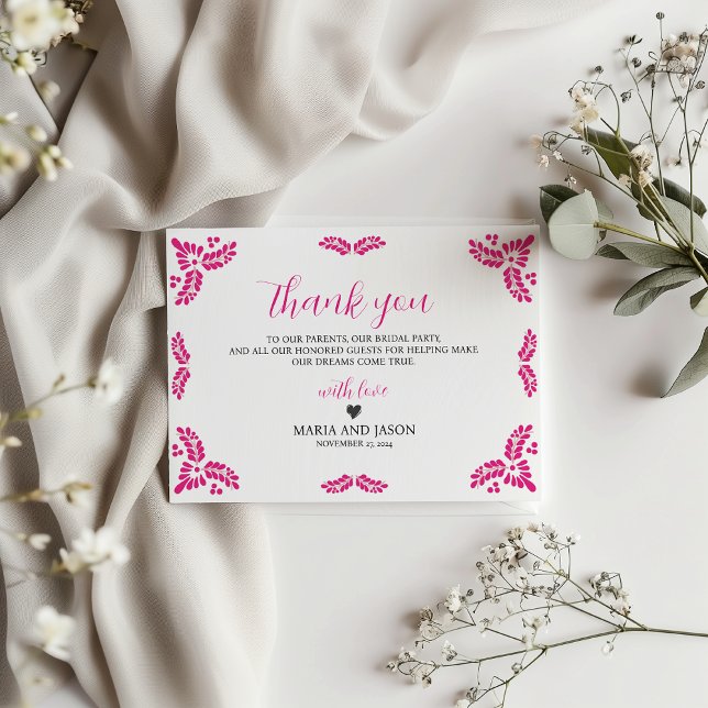 Mexikansk Talavera Rosa Blommig Minimalistisk Bröl Tack Kort (Mexican Talavera Pink Floral Minimalist Wedding Thank You Card)